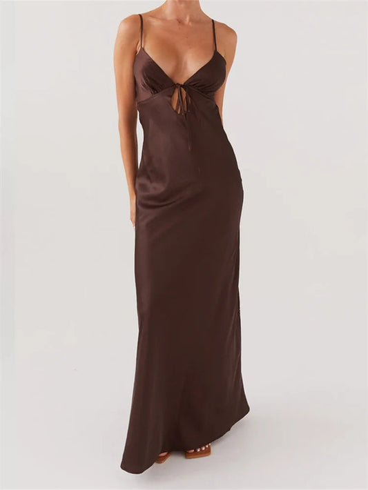 Women Dresses Solid Color Sleeveless Strap V-Neck Front Tie-Up Backless Long Dress Summer Slim Casual Female Vestidos